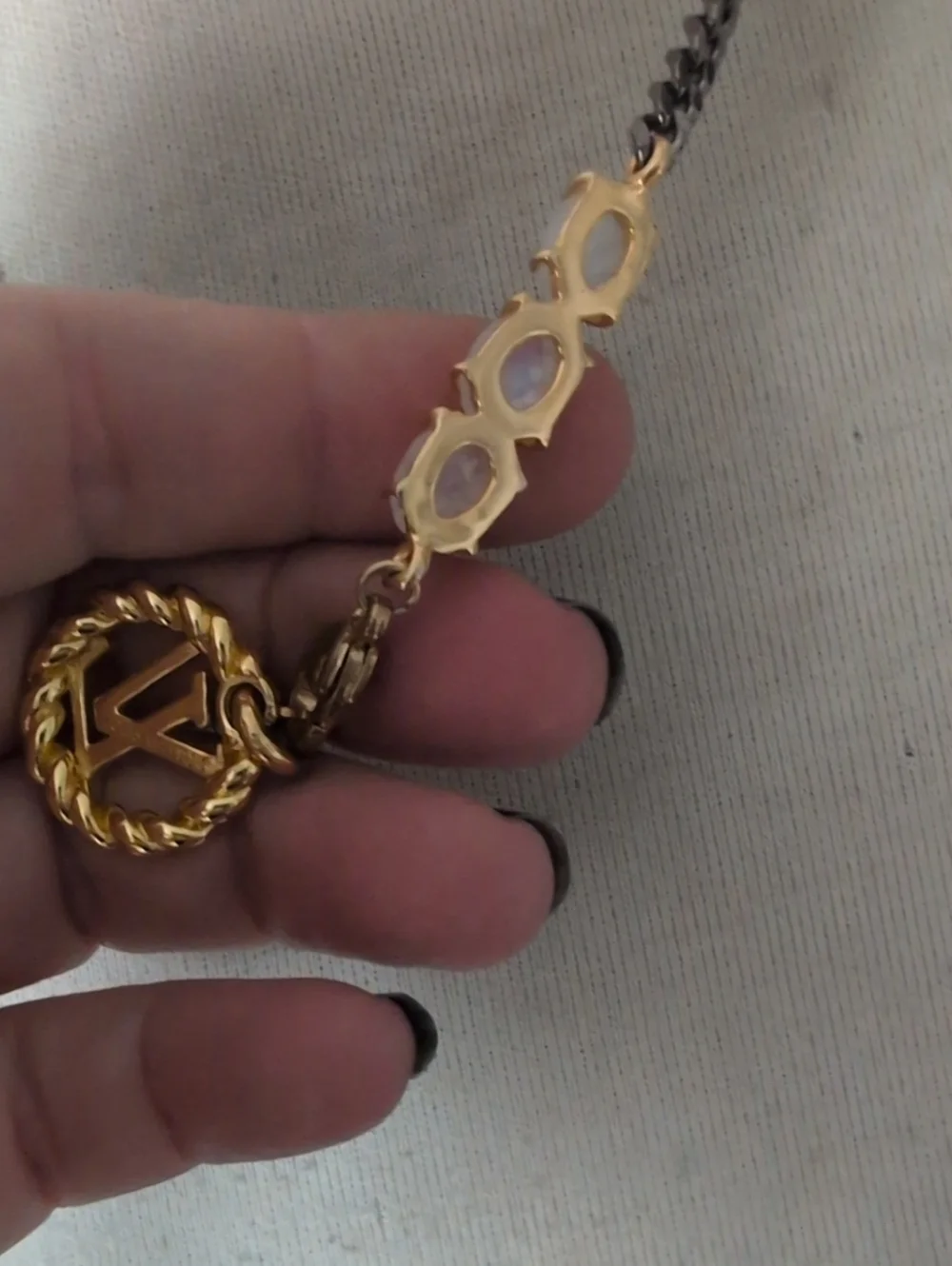 Louis Vuitton Gold On Black Rhodium Flat Curb Chain Necklace Moonstone Accents